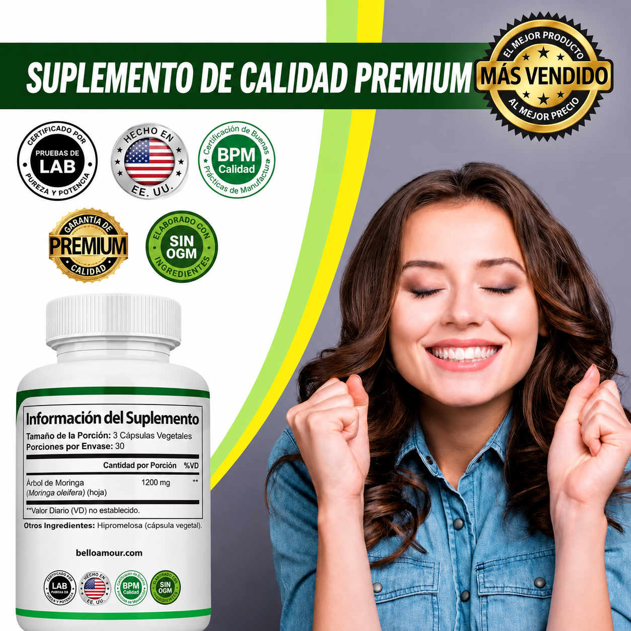 Belloamour™ Toplux Cápsulas de Moringa Oleifera 1200mg - 90 Cápsulas